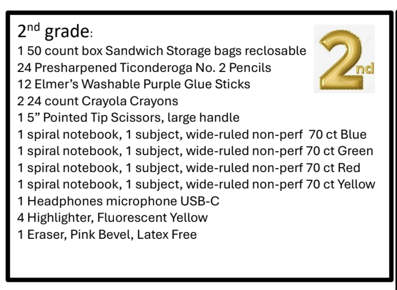 2nd grade supply list